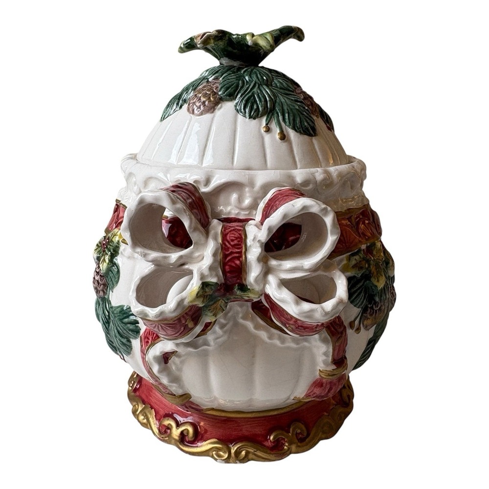 Beautiful Christmas Candy Jar With Bow & Holly Fitz And Floyd